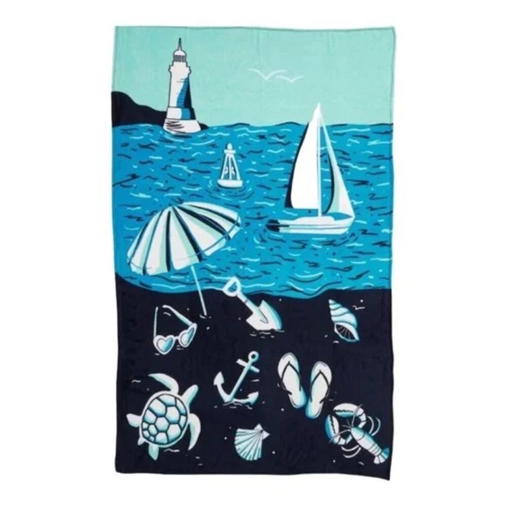 Vera Bradley Shore Enough Plush Throw Blanket NEW 80 x 50 Blue Beach Scene